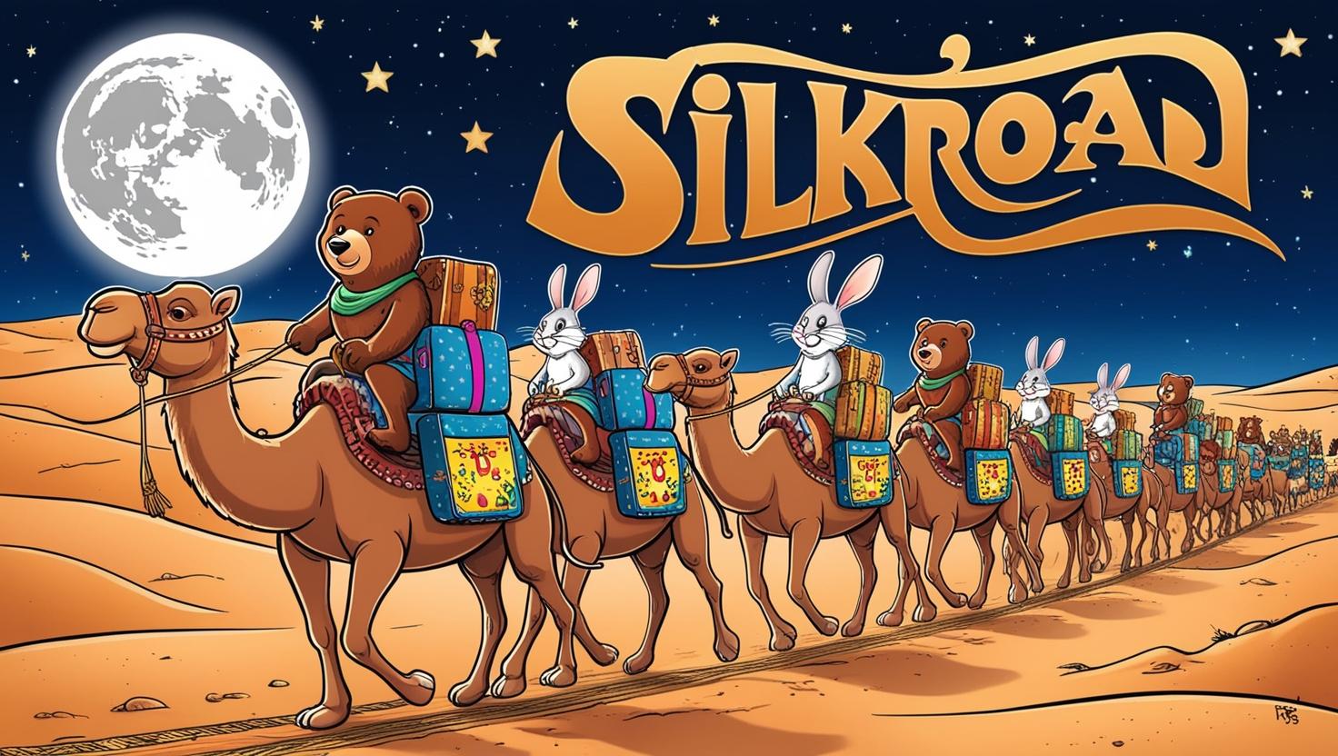 シルクロードを動物が行商しているイラスト