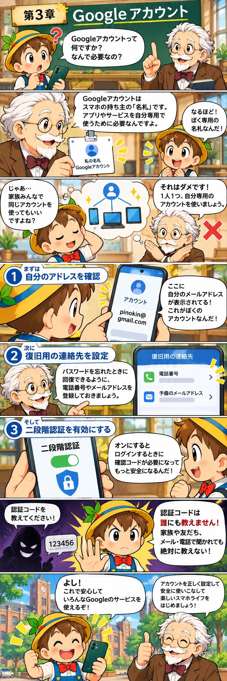 第3章 Googleアカウントと基本設定。マツモト先生とピノキンがキャンパスで学ぶ縦読み漫画