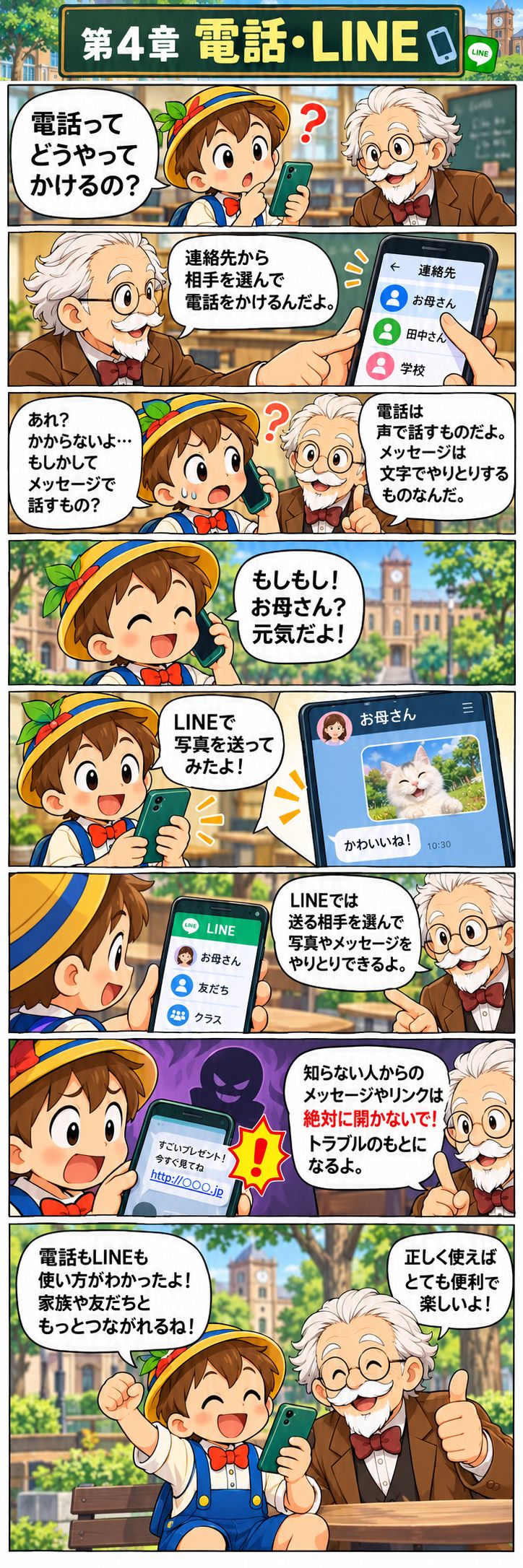 第4章 電話・連絡先・メッセージ・LINE。マツモト先生とピノキンがキャンパスで学ぶ縦読み漫画