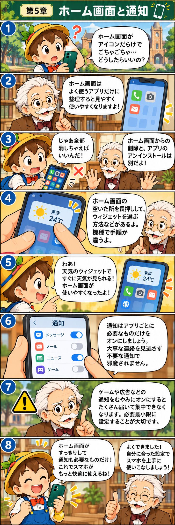 第5章 ホーム画面・通知・ウィジェット。マツモト先生とピノキンがキャンパスで学ぶ縦読み漫画
