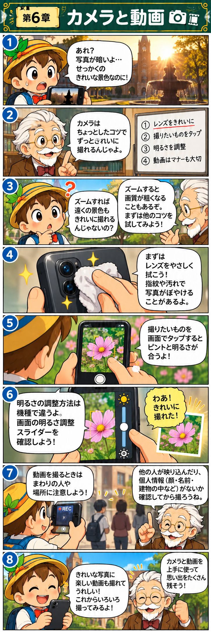 第6章 写真・カメラ・動画を楽しむ。マツモト先生とピノキンがキャンパスで学ぶ縦読み漫画