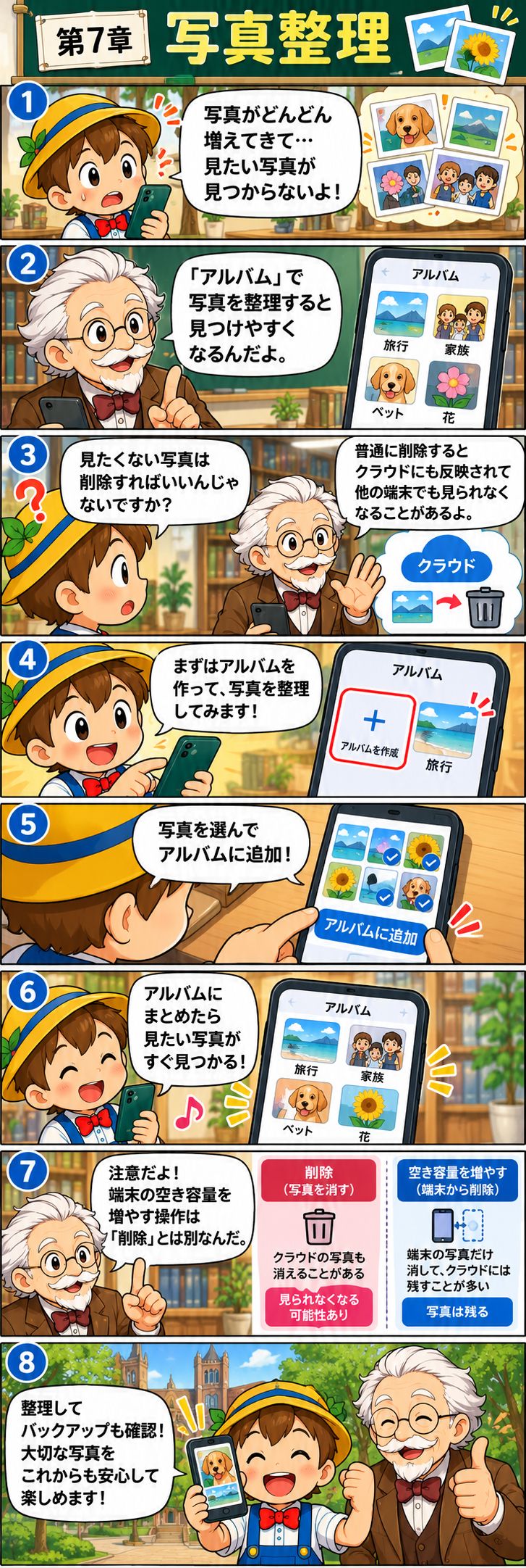第7章 Googleフォト・写真整理・共有。マツモト先生とピノキンがキャンパスで学ぶ縦読み漫画