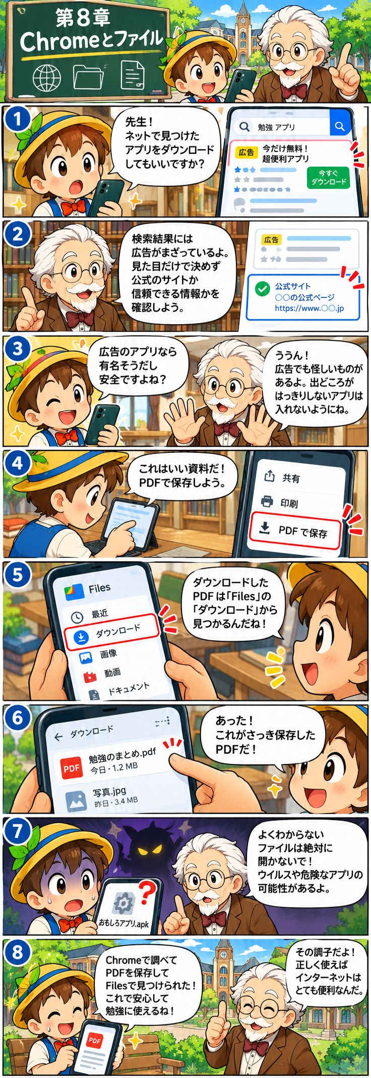 第8章 Chrome・検索・ファイルの保存。マツモト先生とピノキンがキャンパスで学ぶ縦読み漫画