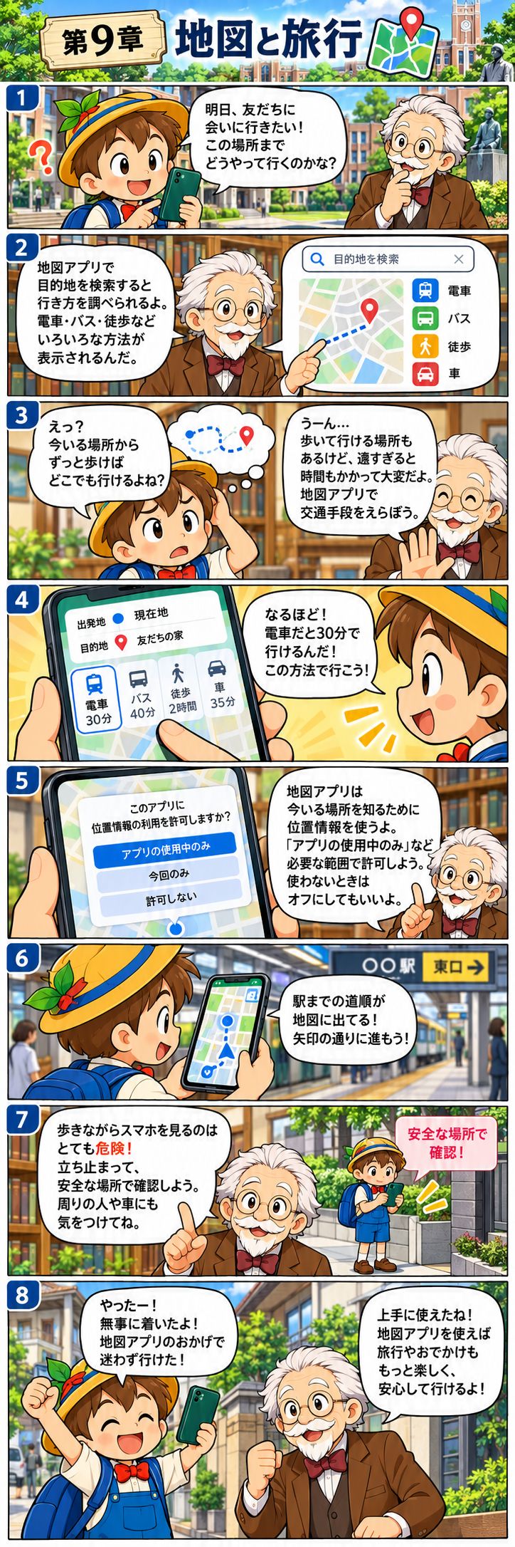第9章 地図・乗換・旅行・翻訳。マツモト先生とピノキンがキャンパスで学ぶ縦読み漫画