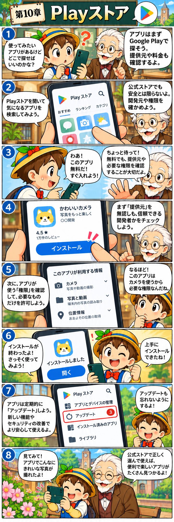 第10章 Playストアとおすすめアプリ。マツモト先生とピノキンがキャンパスで学ぶ縦読み漫画