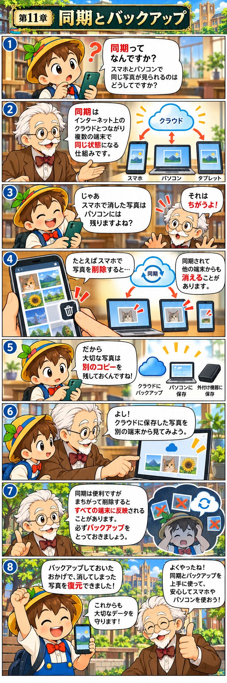 第11章 Googleドライブ・同期・バックアップ。マツモト先生とピノキンがキャンパスで学ぶ縦読み漫画