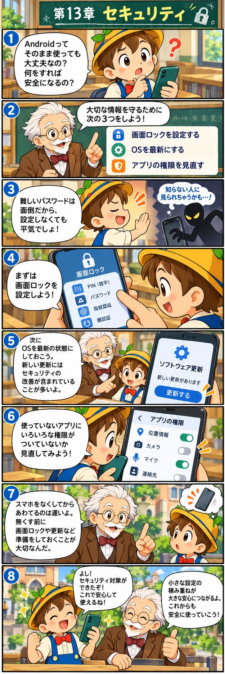 第13章 セキュリティ・紛失対策・権限。マツモト先生とピノキンがキャンパスで学ぶ縦読み漫画