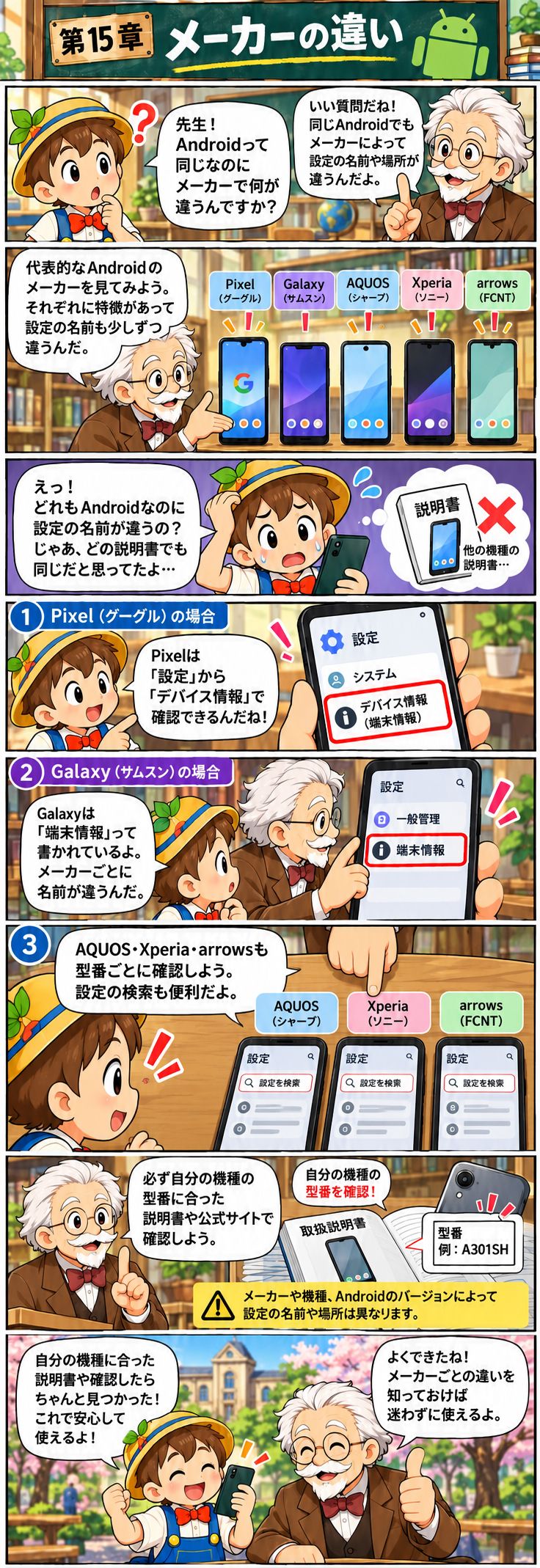 第15章 機種別機能:Pixel・Galaxy・AQUOS・Xperiaなど。マツモト先生とピノキンがキャンパスで学ぶ縦読み漫画