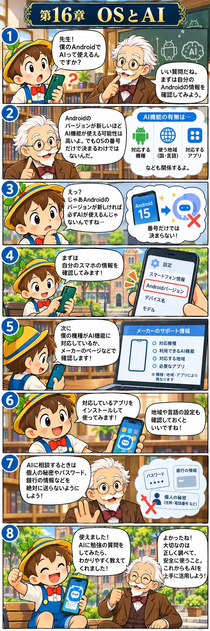第16章 OS別機能・AI・便利な新機能。マツモト先生とピノキンがキャンパスで学ぶ縦読み漫画