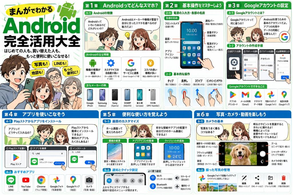 Androidの基本操作を紹介するイラスト。画面は模式図です
