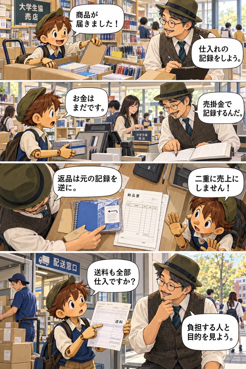 マツモト先生とピノキンが商品売買・掛取引・返品を学ぶ縦4コマ漫画