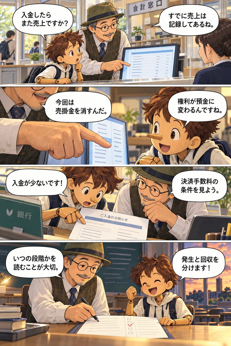 マツモト先生とピノキンが売掛金・買掛金・手形・電子記録債権を学ぶ縦4コマ漫画
