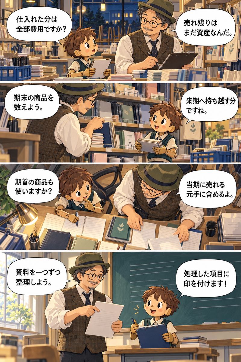 マツモト先生とピノキンが決算整理仕訳・売上原価を学ぶ縦4コマ漫画
