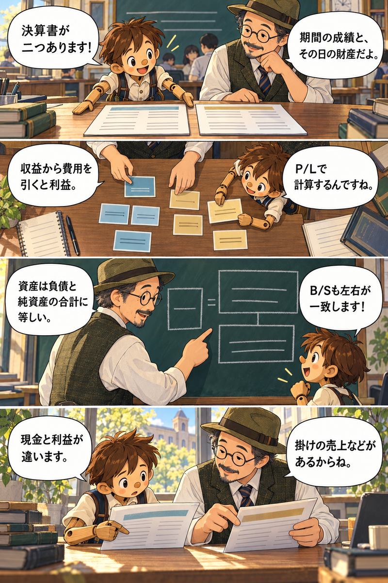マツモト先生とピノキンが精算表・財務諸表を学ぶ縦4コマ漫画