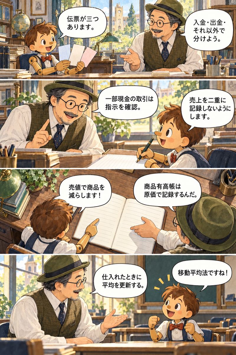 マツモト先生とピノキンが伝票・補助簿・帳簿組織を学ぶ縦4コマ漫画
