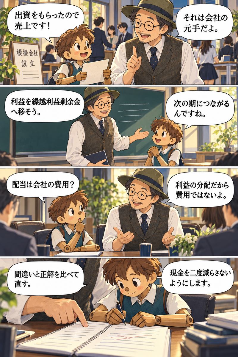 マツモト先生とピノキンが資本金・利益・訂正仕訳を学ぶ縦4コマ漫画