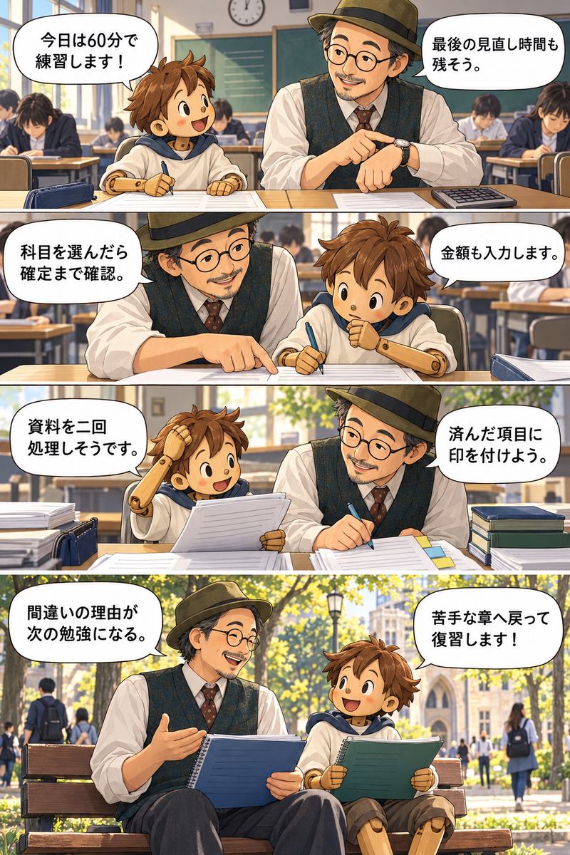 マツモト先生とピノキンが本番対策と総合演習を学ぶ縦4コマ漫画