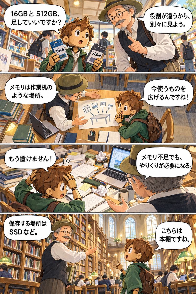 第3章 メモリとSSDはどう違う？の漫画・前半4コマ