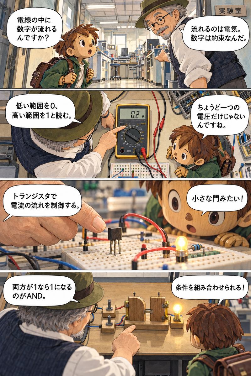 第4章 電気がどうして0と1になり、計算できるの？の漫画・前半4コマ
