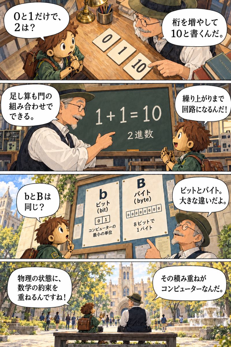 第4章 電気がどうして0と1になり、計算できるの？の漫画・後半4コマ