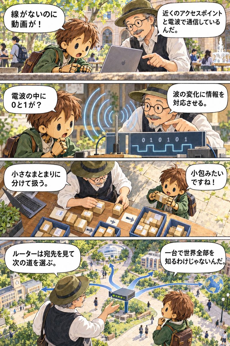 第8章 Wi-Fiやインターネットはどうやって届くの？の漫画・前半4コマ