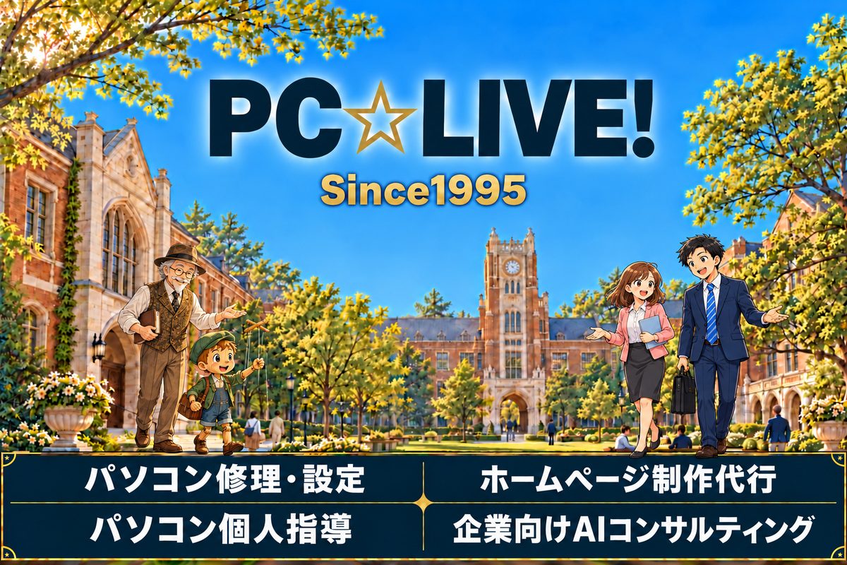 PC☆LIVE! Since1995。ピノキン、マツモト先生、オフィスで働く女性と男性が迎える大学キャンパス。パソコン修理・設定、ホームページ制作代行、パソコン個人指導、企業向けAIコンサルティング。