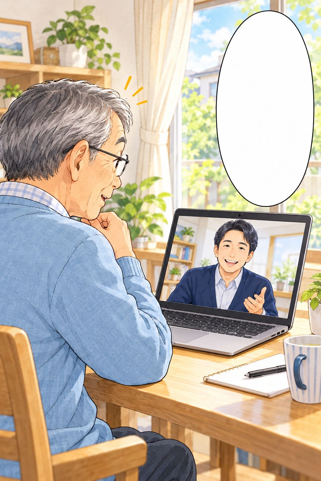 自宅でオンライン授業を始めようとする生徒と、画面の向こうの先生