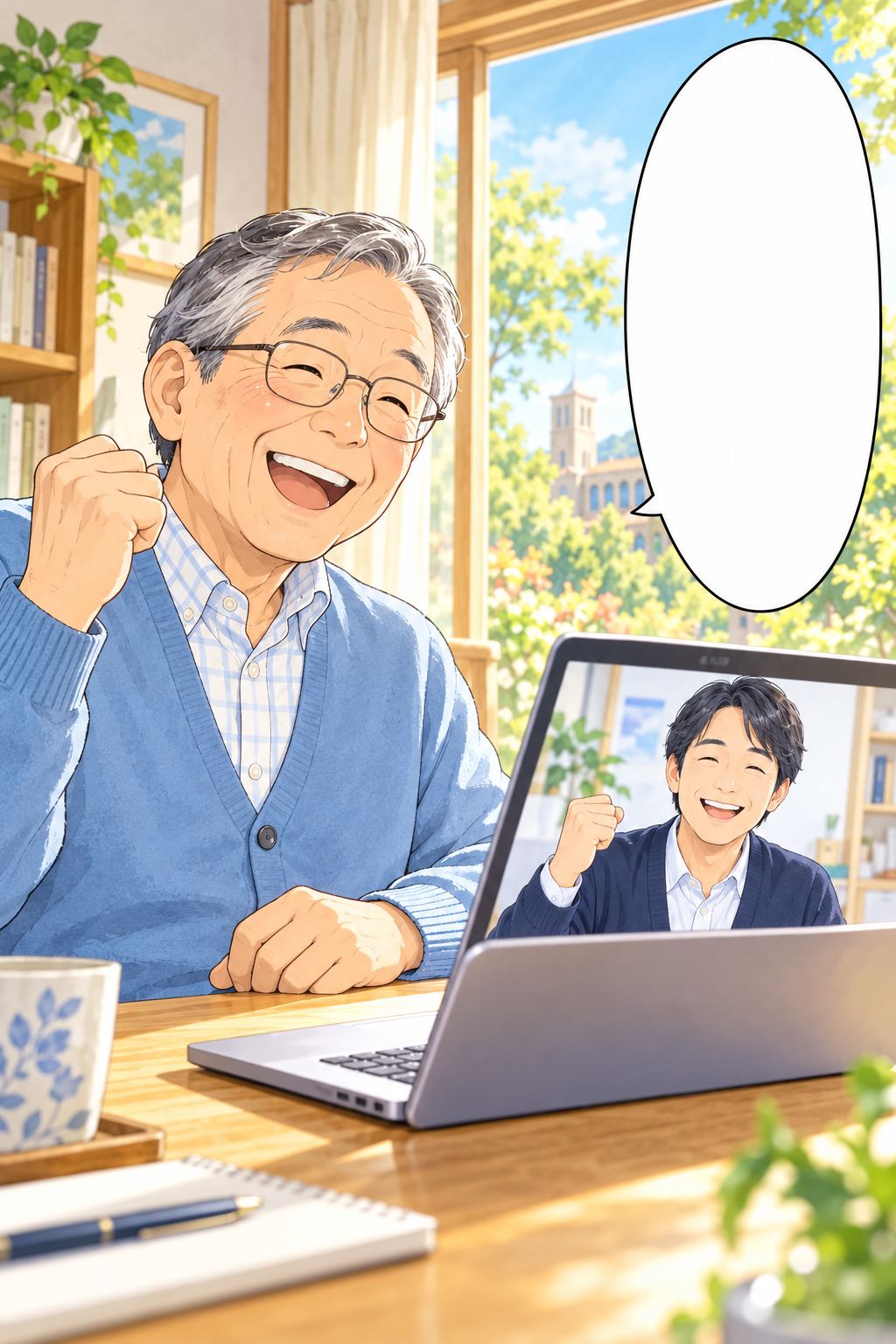 自宅での授業を終えて笑顔になる生徒