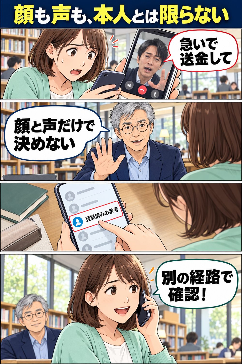 顔も声も本人とは限らないを説明する漫画