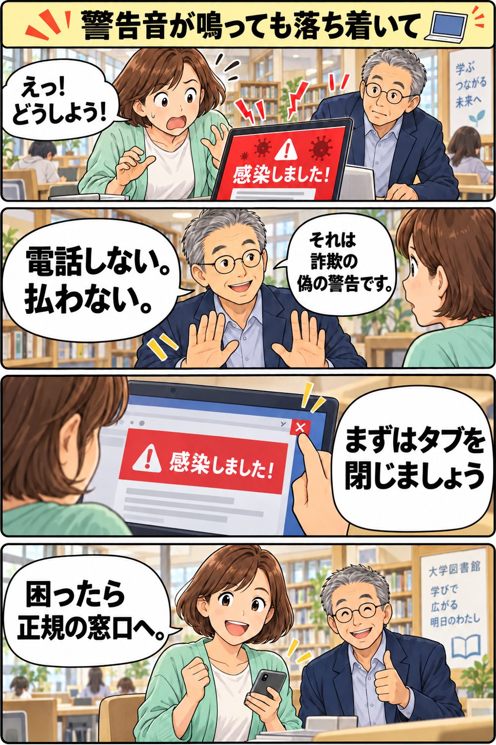 偽の警告への対処を説明する漫画