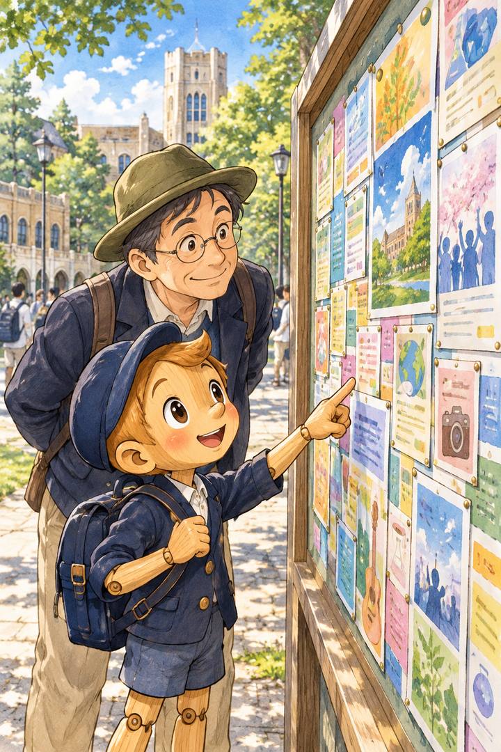 虹色の掲示板を正面から見る