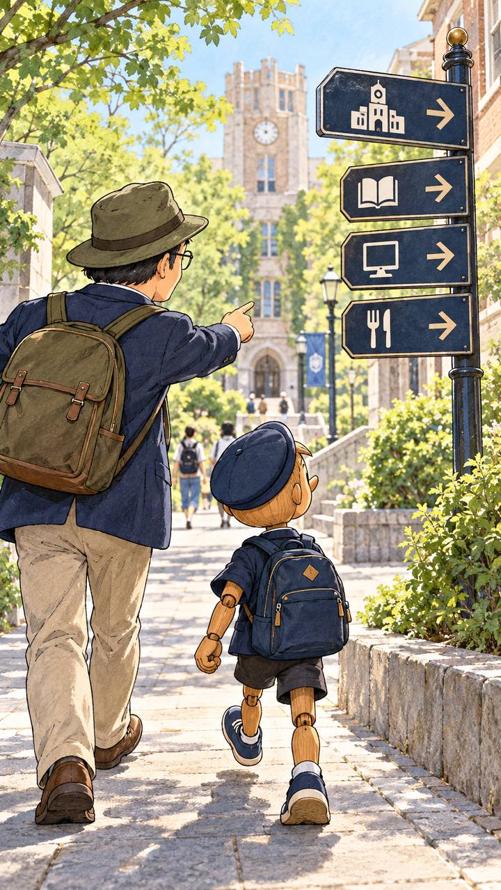 正しい案内板をたどる後ろ姿