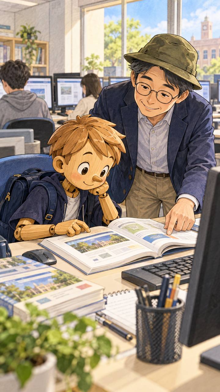 パソコン室で課題書を読む