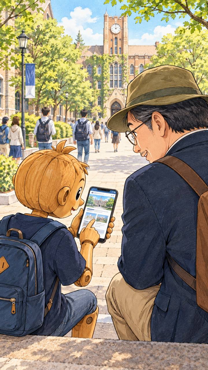 スマホで大学サイトを開く学生を後ろから