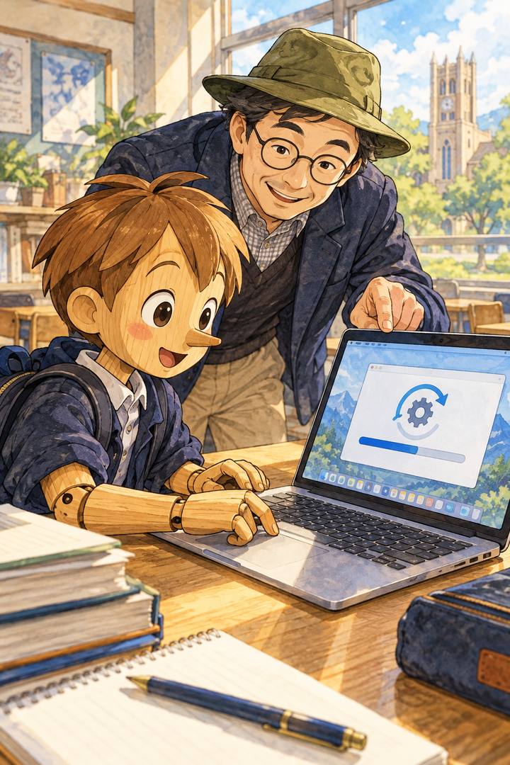 更新通知を見て作業する手元