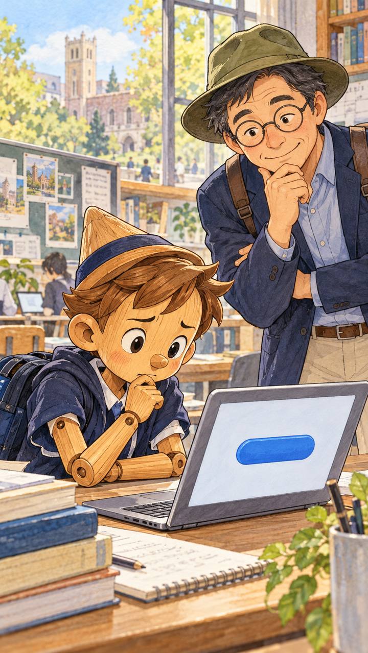 ボタンを前に考え込むピノキン