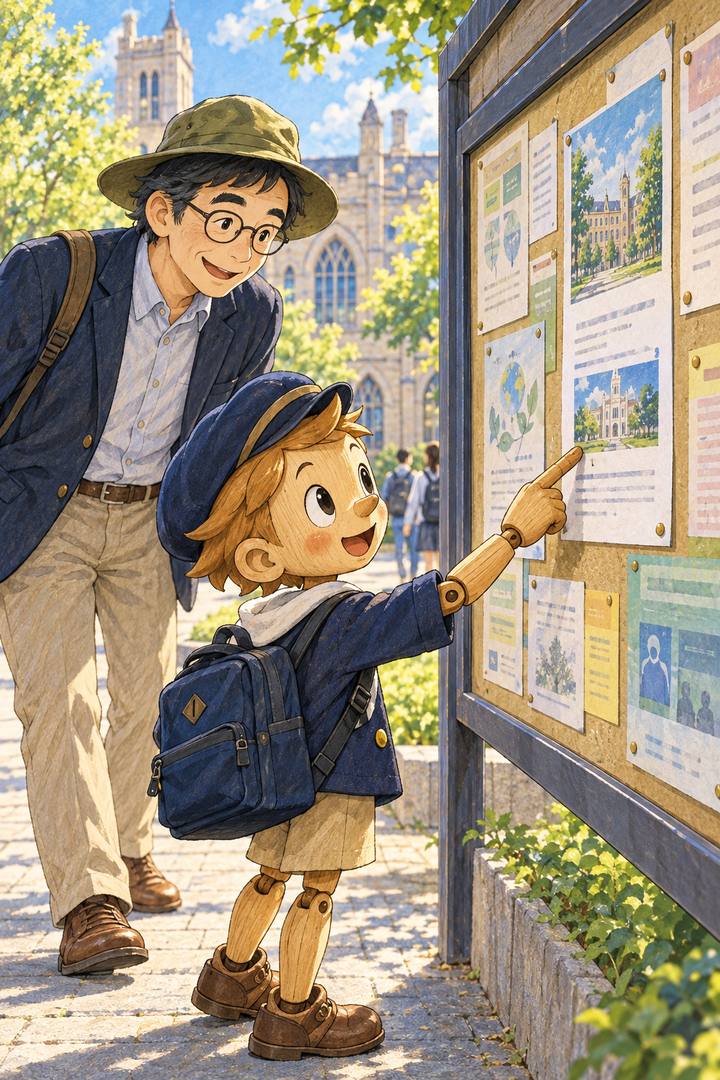 学生が掲示板を使う様子