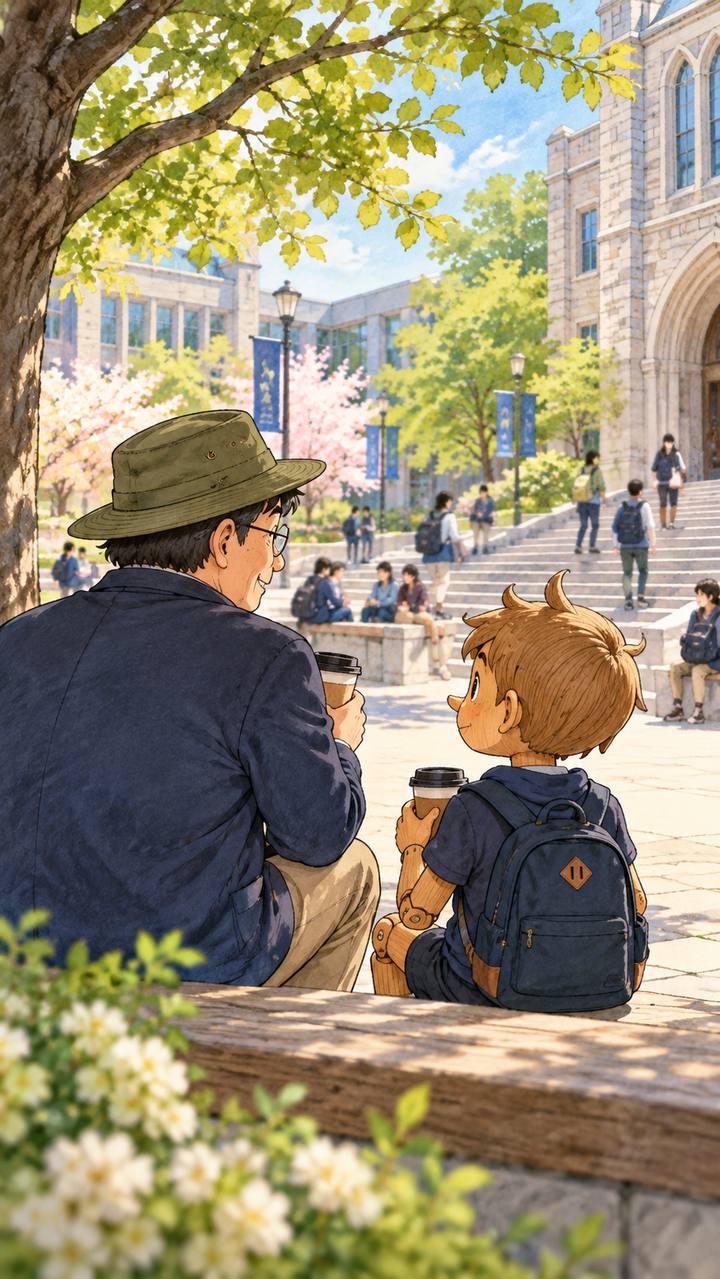 休憩する学生を斜め後ろから