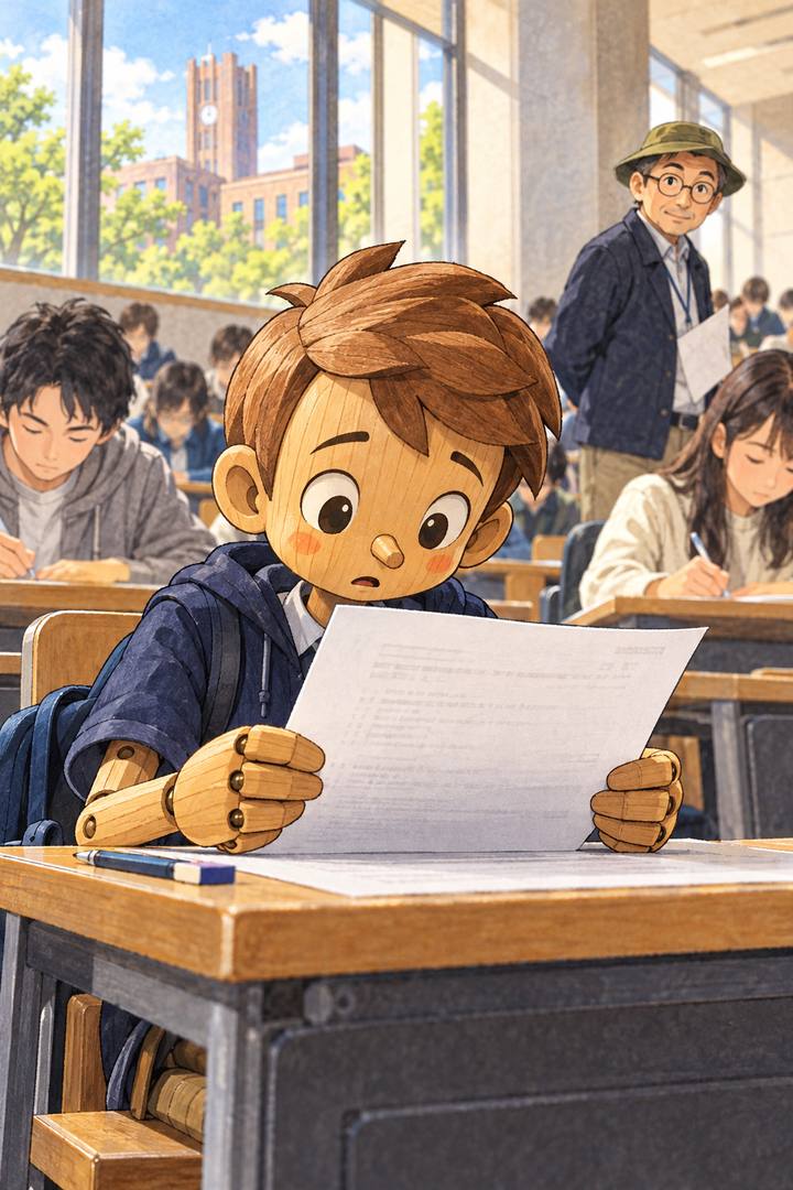 試験会場で問題用紙を見るピノキン